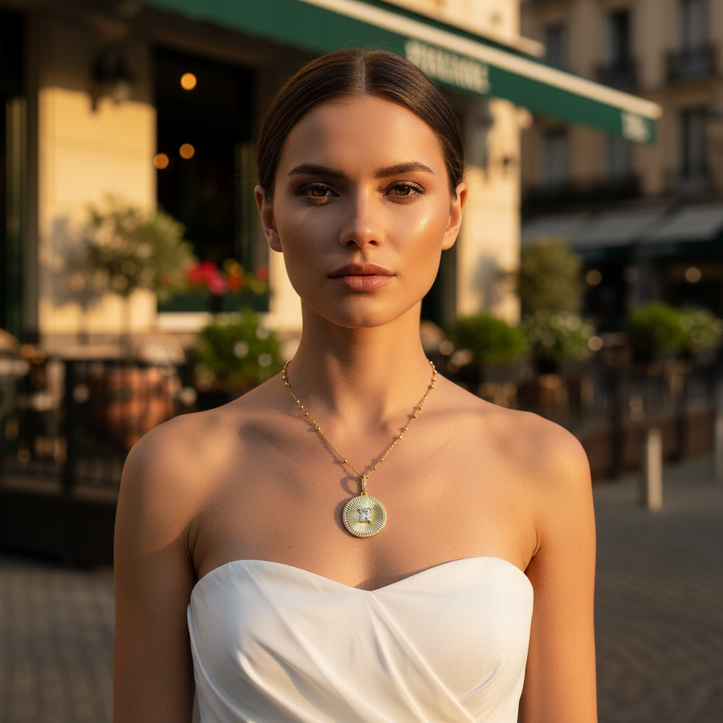 Woman wearing a strapless white dress and necklace in an urban setting