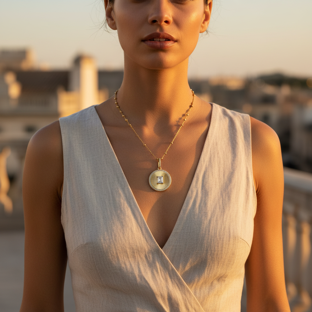 Woman wearing a beige sleeveless top and gold necklace with a coin pendant, standing outdoors with warm lighting.