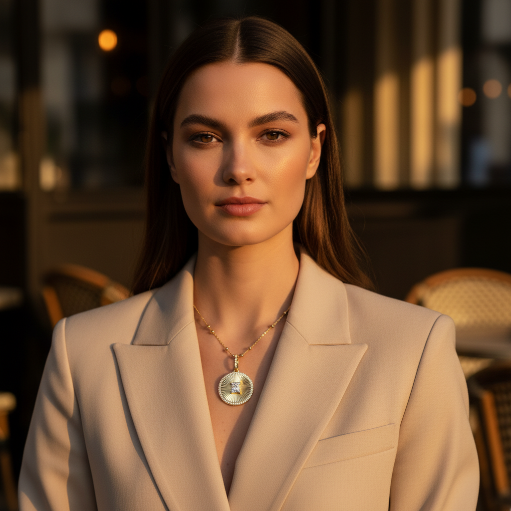 Woman wearing a beige blazer with a blurred background