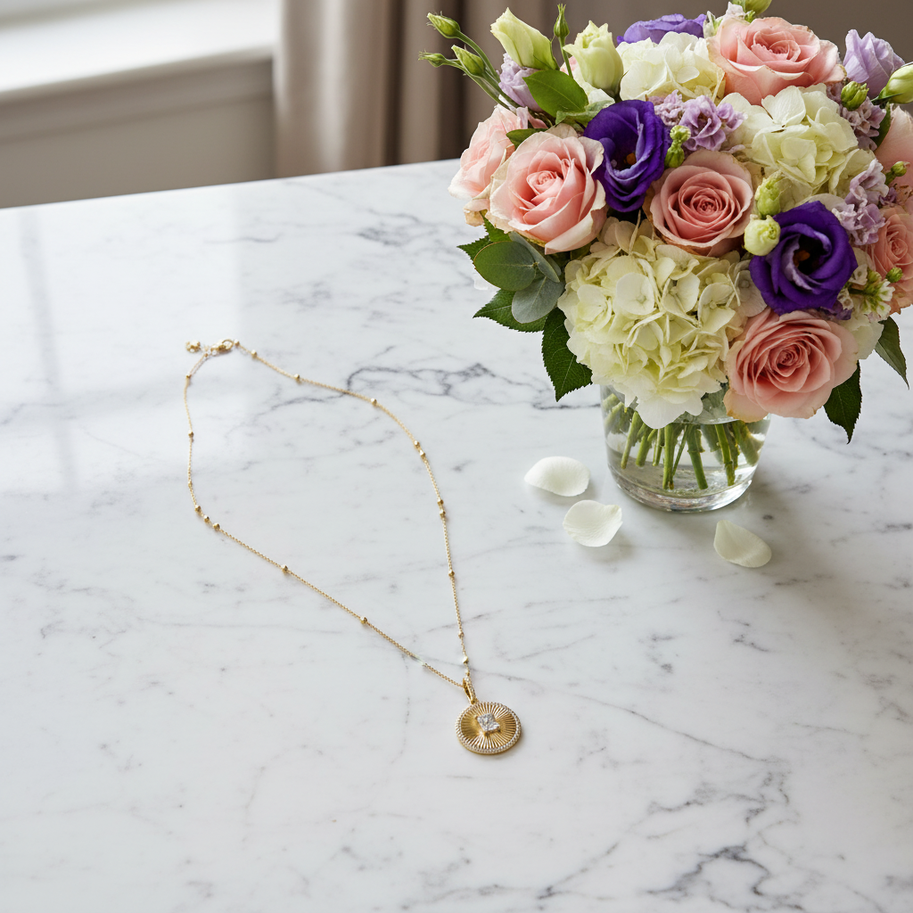 The Guardian Halo Necklace on a marble surface with a bouquet of flowers in the background