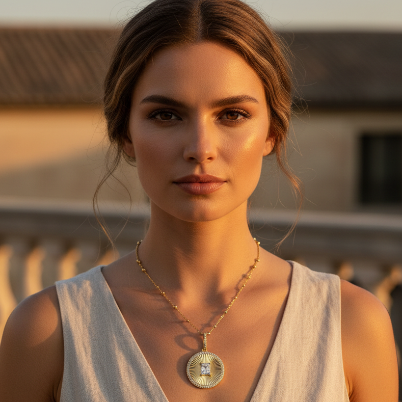 Woman wearing a necklace with a pendant in a warm, outdoor setting