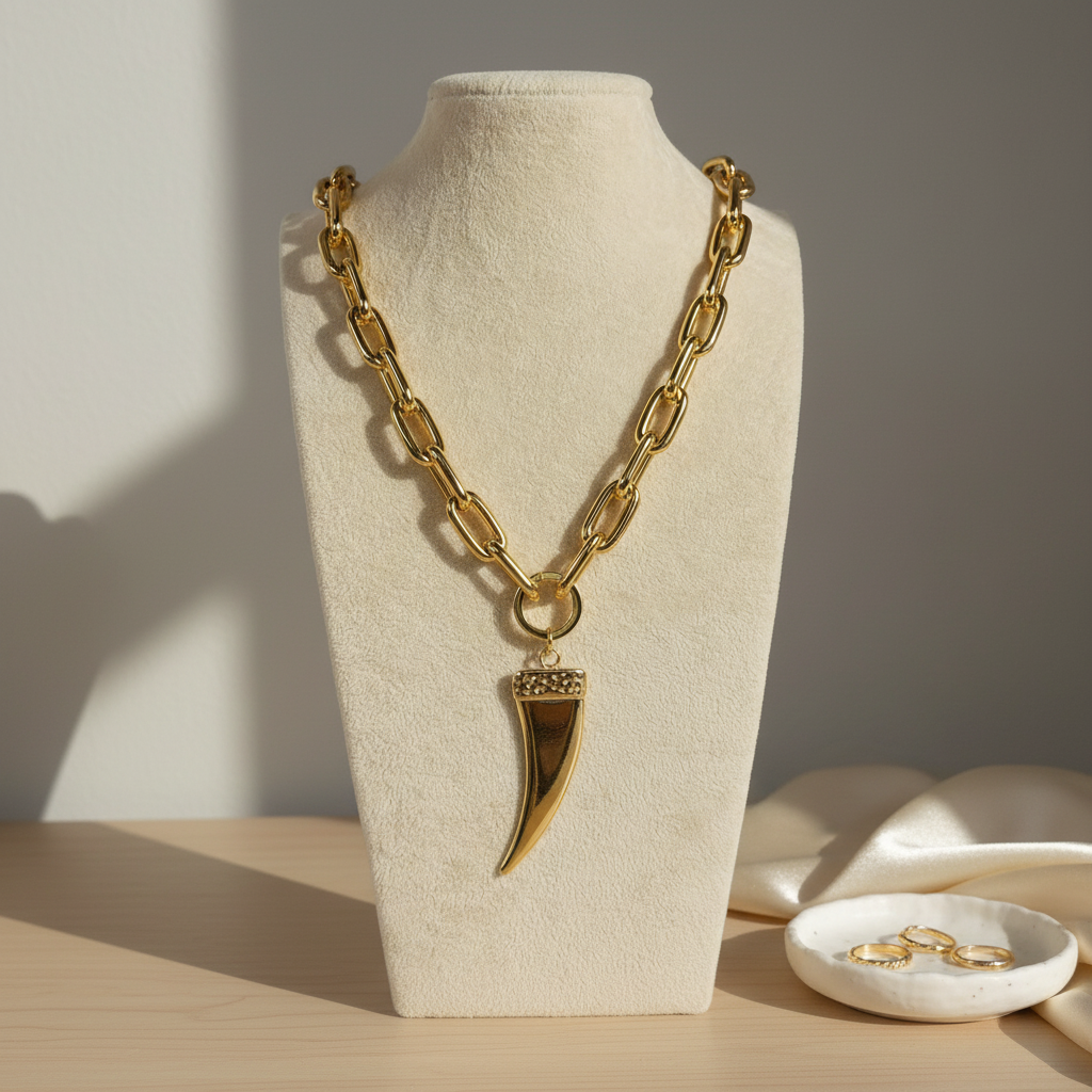 Gold chain necklace with a pendant on a mannequin bust against a neutral background