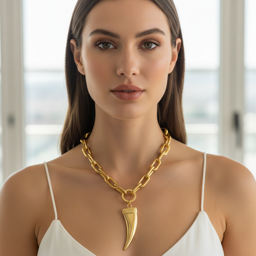 Woman wearing the Guardian Necklace with a large tusk pendant indoors