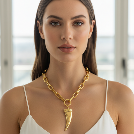 Woman wearing the Guardian Necklace with a large tusk pendant indoors