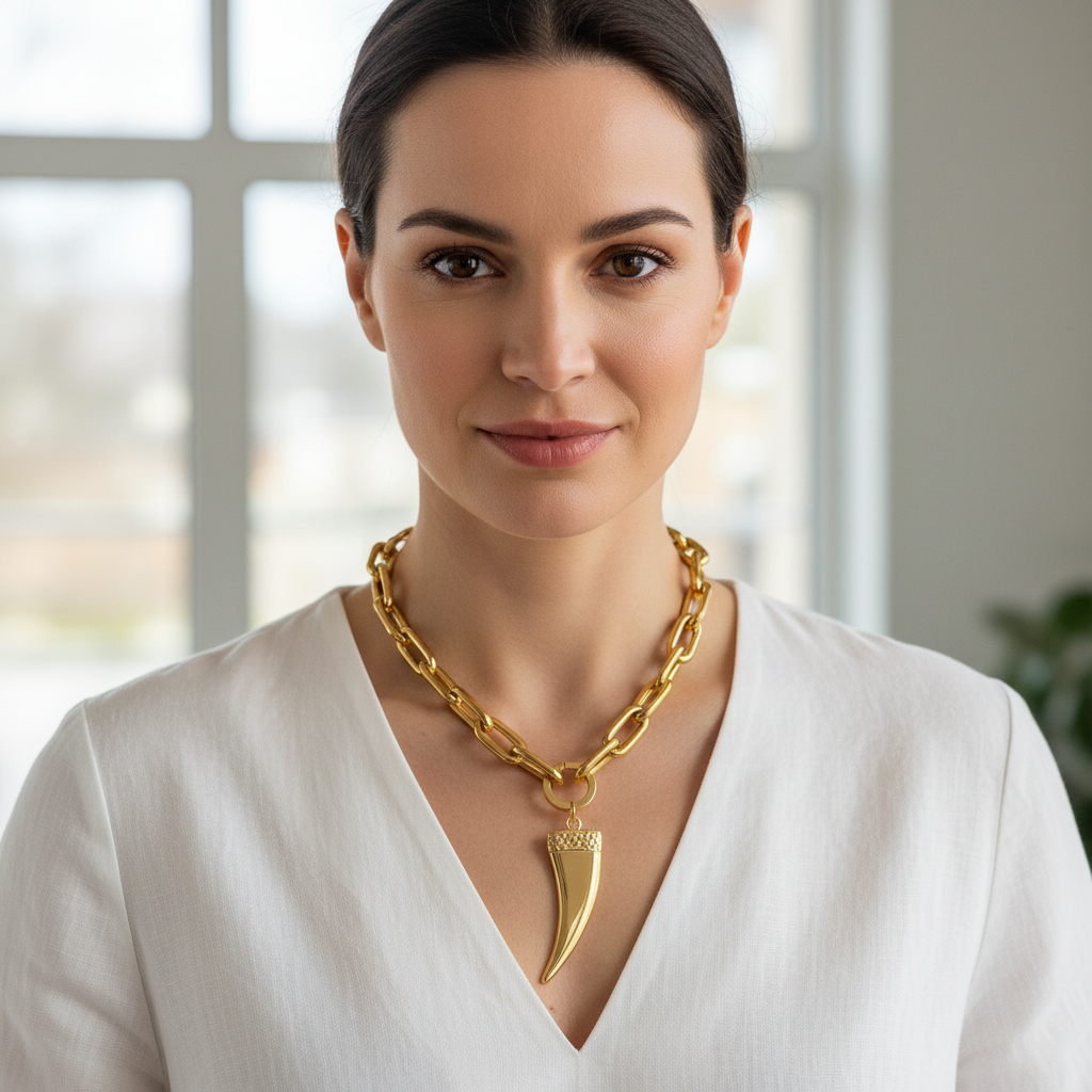 Woman wearing the Guardian Necklace with a large pendant indoors