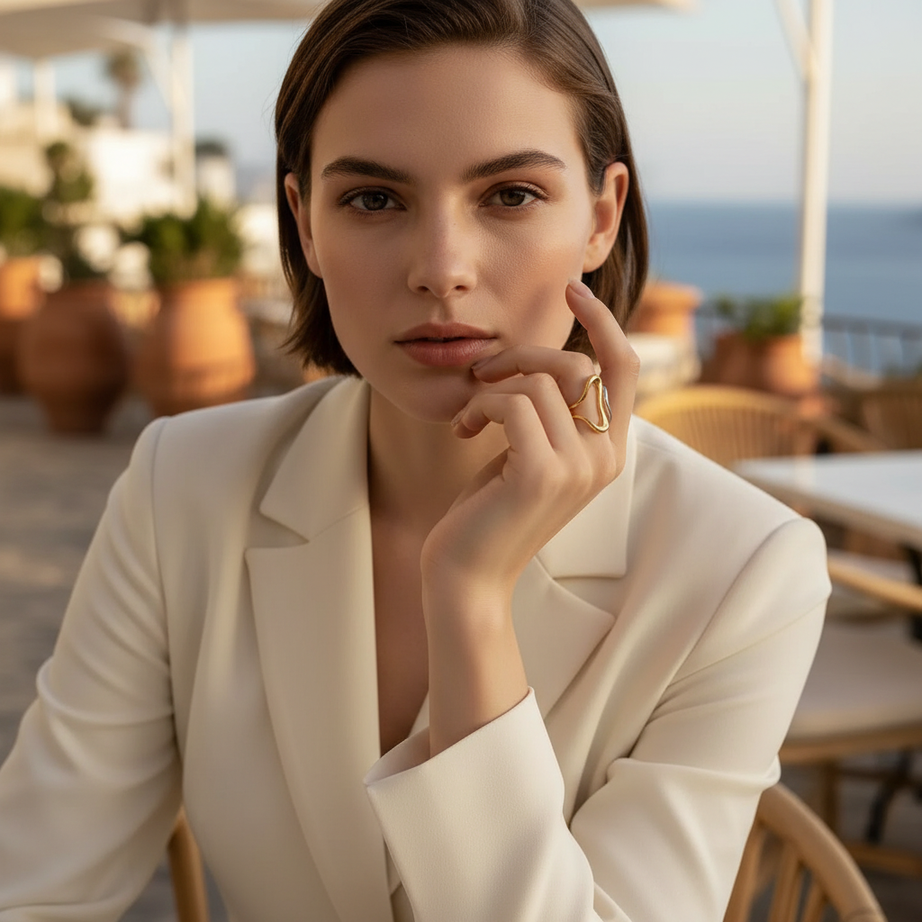 Woman in a white blazer sitting outdoors with ocean view wearing the Infinity Flow Ring