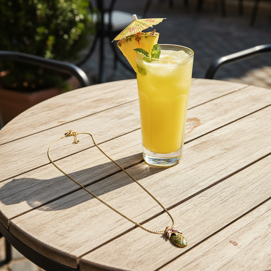 Yellow cocktail with a pineapple slice and umbrella on a wooden table outdoors with the Isla_Pineapple_Necklace