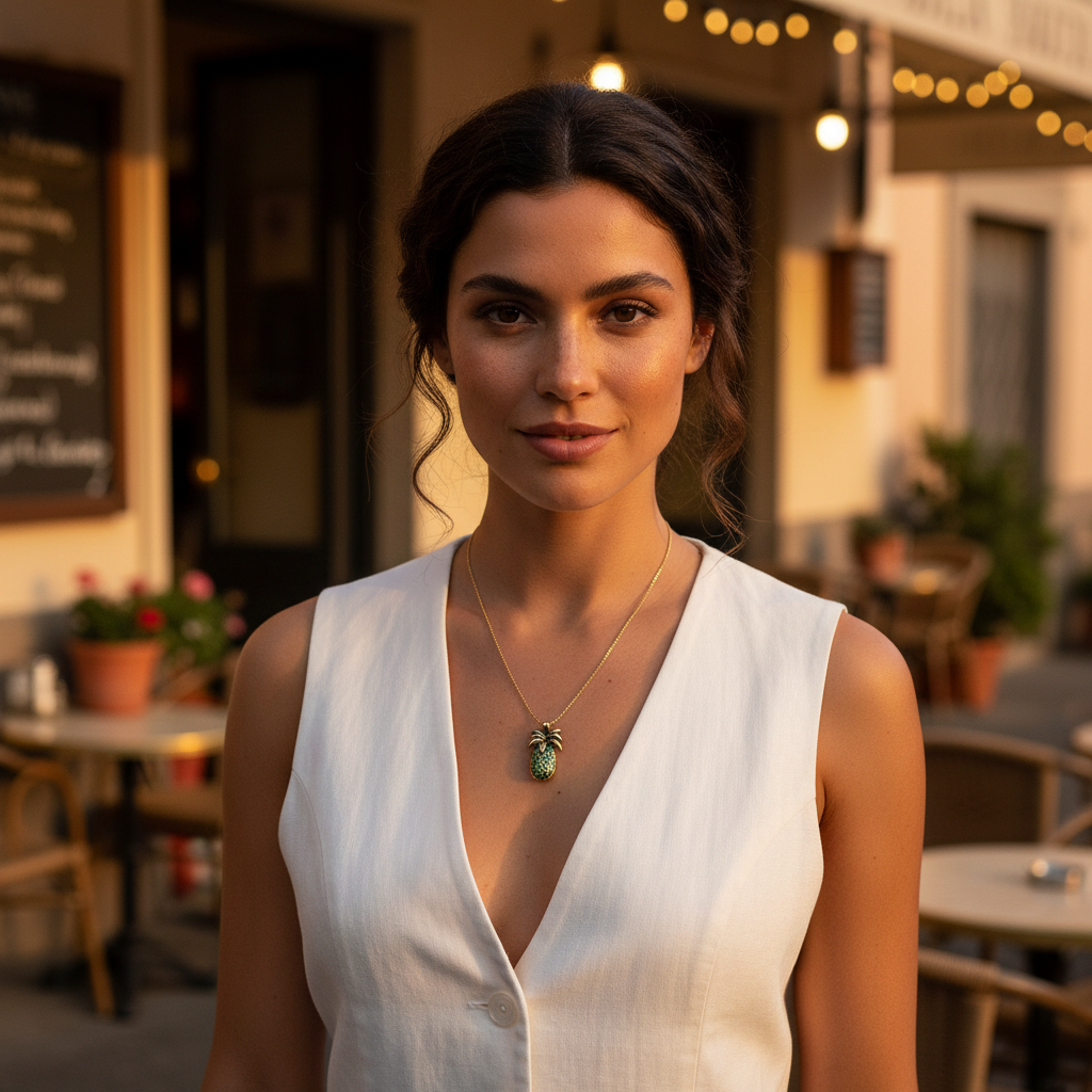 Woman in a white sleeveless top with a necklace standing outdoors wearing the Isla Pineapple Necklace from Chica Chica Jewelry