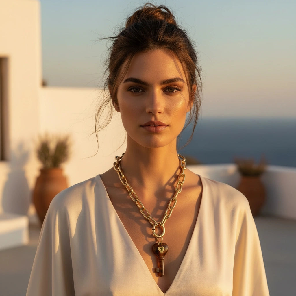 Woman wearing La Vita Forte – Tigre on a rooftop with ocean view