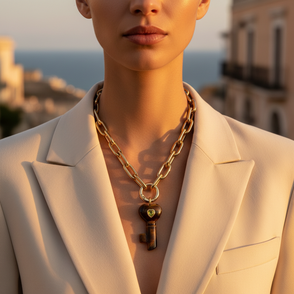 Person wearing a beige blazer and La Vita Forte – Tigre, set against a blurred cityscape.