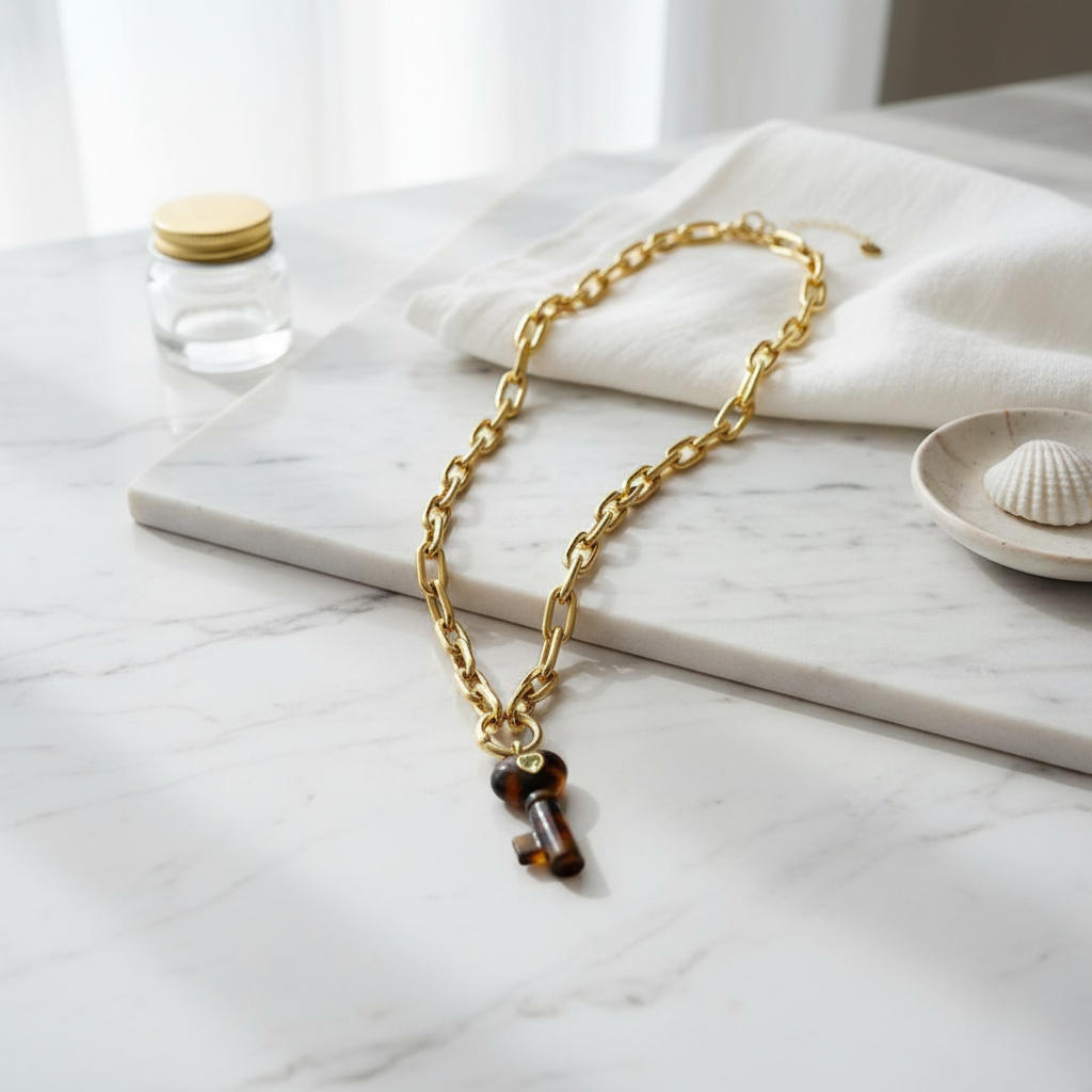 La Vita Forte – Tigre with a brown key pendant on a marble surface