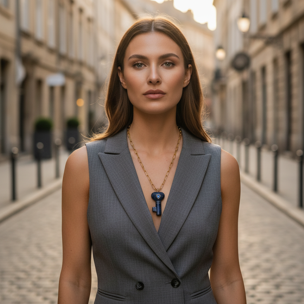Woman in a gray suit standing on a city street wearing La Vita Key — Lapis Lazuli