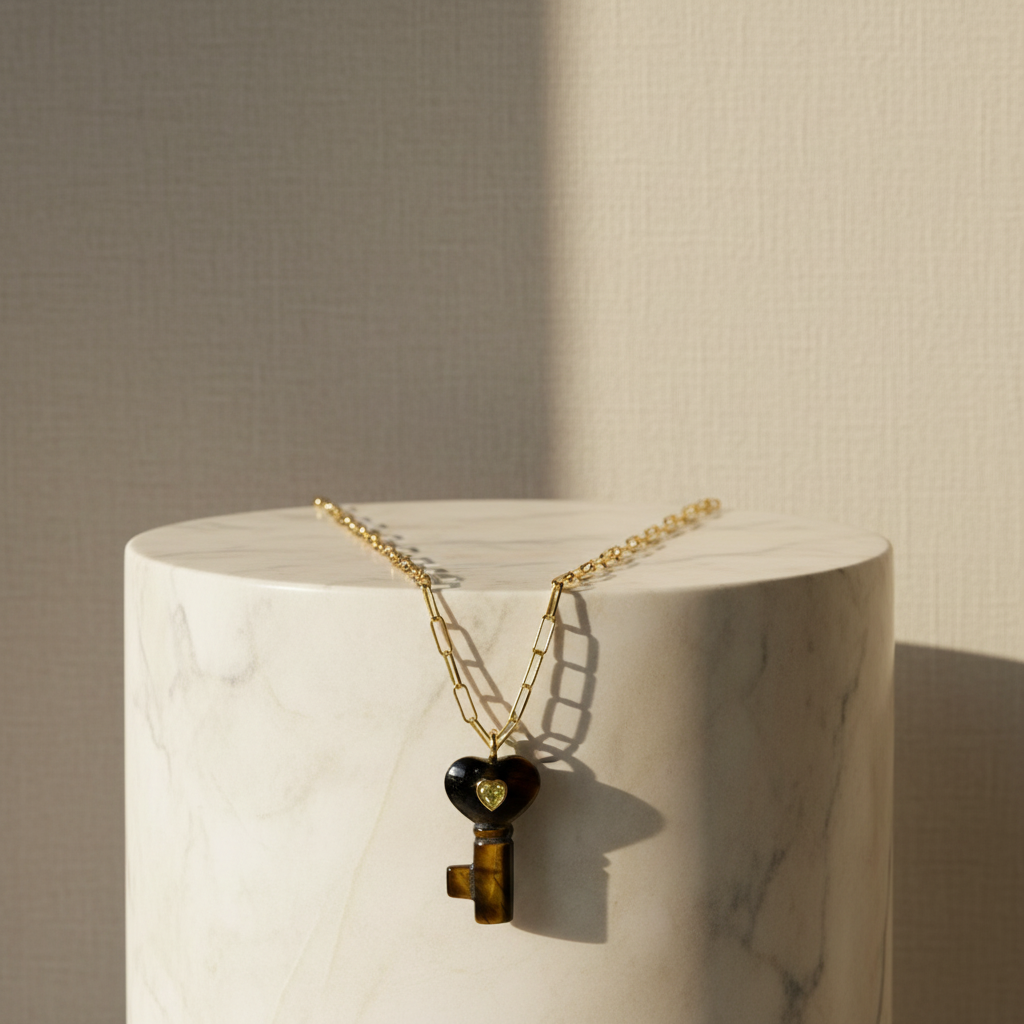 La Vita Key — Tigre Necklace with a heart-shaped key pendant on a marble surface
