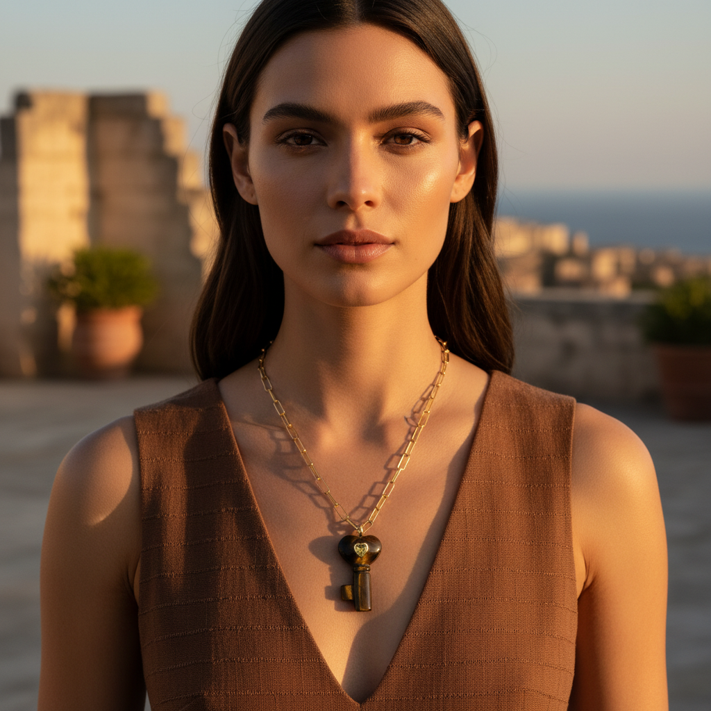 Woman wearing La Vita Key — Tigre Necklace  with a key pendant outdoors