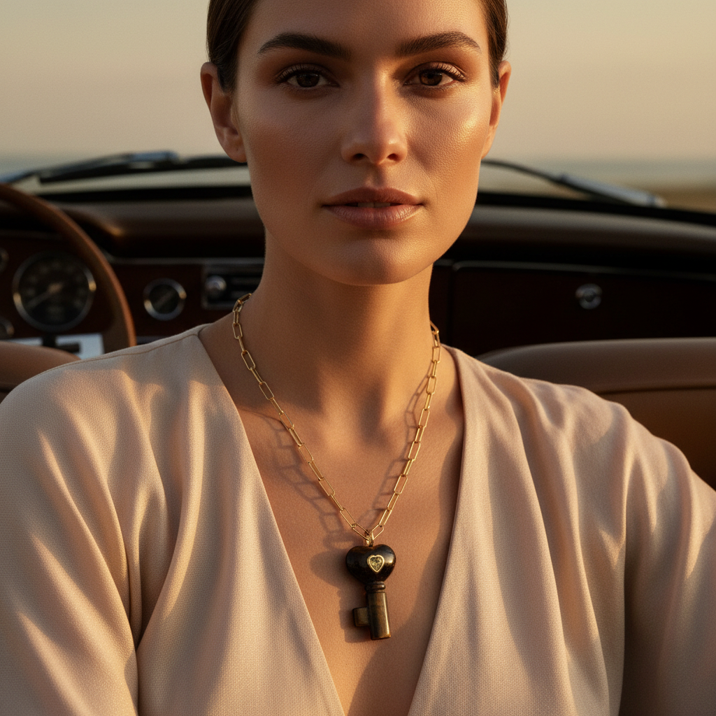 Woman wearing La Vita Key — Tigre Necklace with a key pendant inside a car.