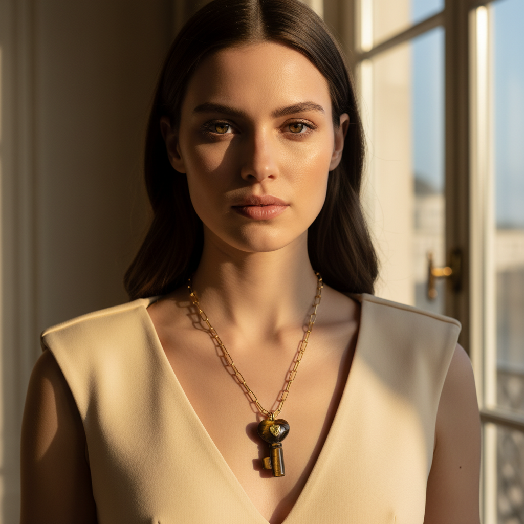 Woman wearing La Vita Key — Tigre Necklace from Chica Chica Jewelry  with a key pendant in a softly lit room.