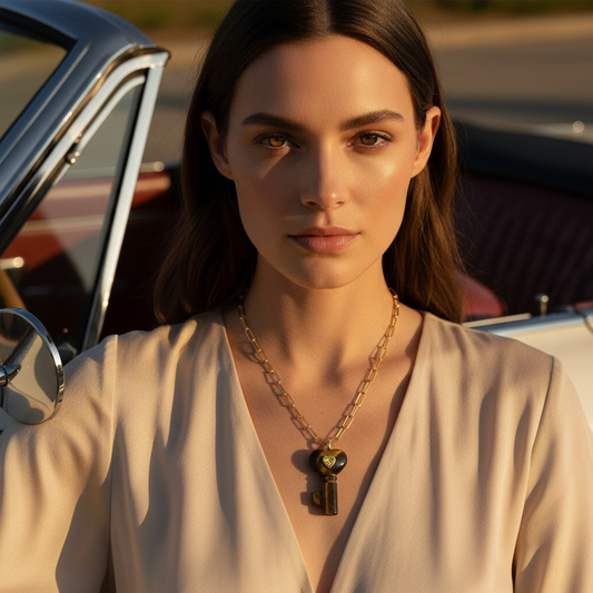 Woman standing next to a vintage car wearing La Vita Key — Tigre Necklace