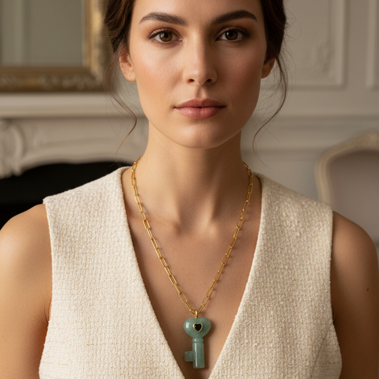 Woman wearing La Vita Key – Verde Necklace from Chica Chica Jewelry indoors.