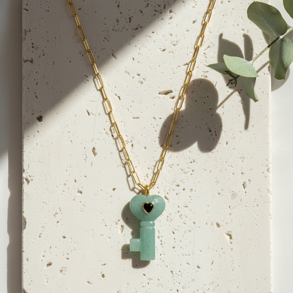 Gold necklace with a green key-shaped pendant on a textured surface with eucalyptus leaves.