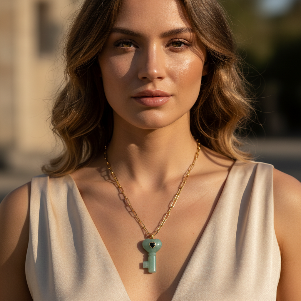 Woman wearing La Vita Key – Verde Necklace with a key-shaped pendant outdoors
