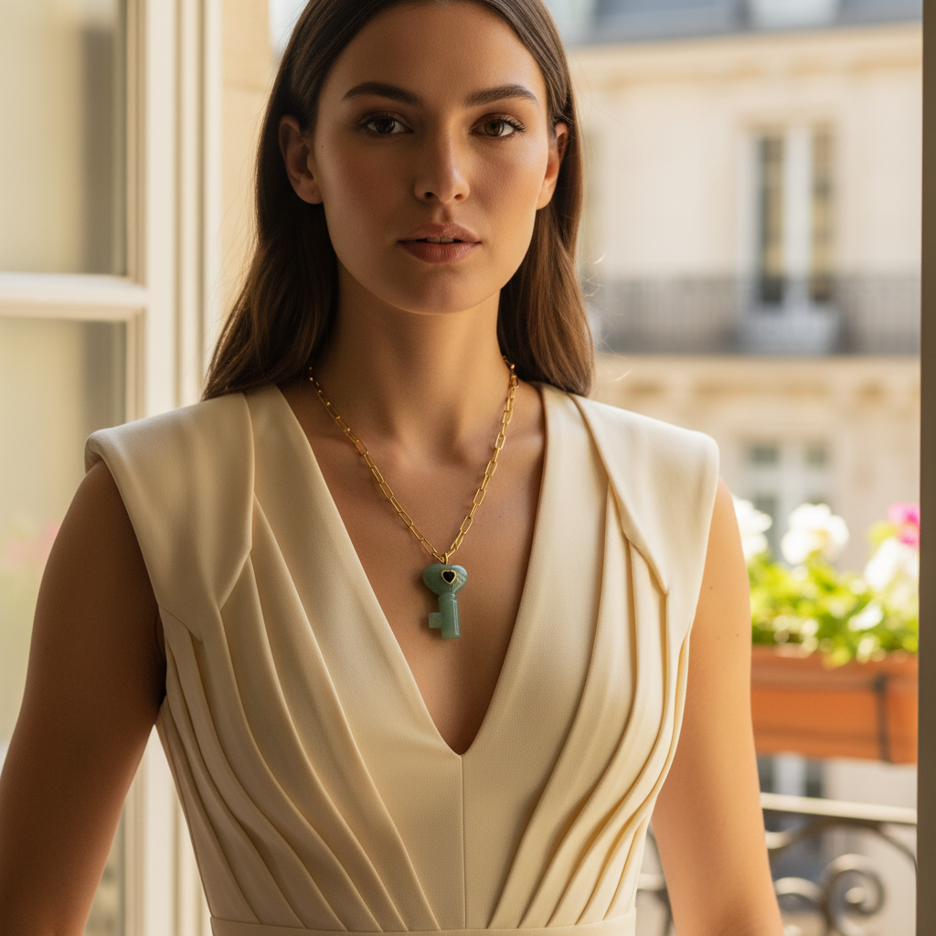Woman wearing a beige dress with a key-shaped pendant in an outdoor setting