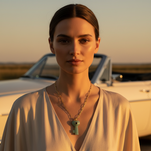 Woman standing in front of a car with a sunset background wearing  La Vita Key – Verde Necklace