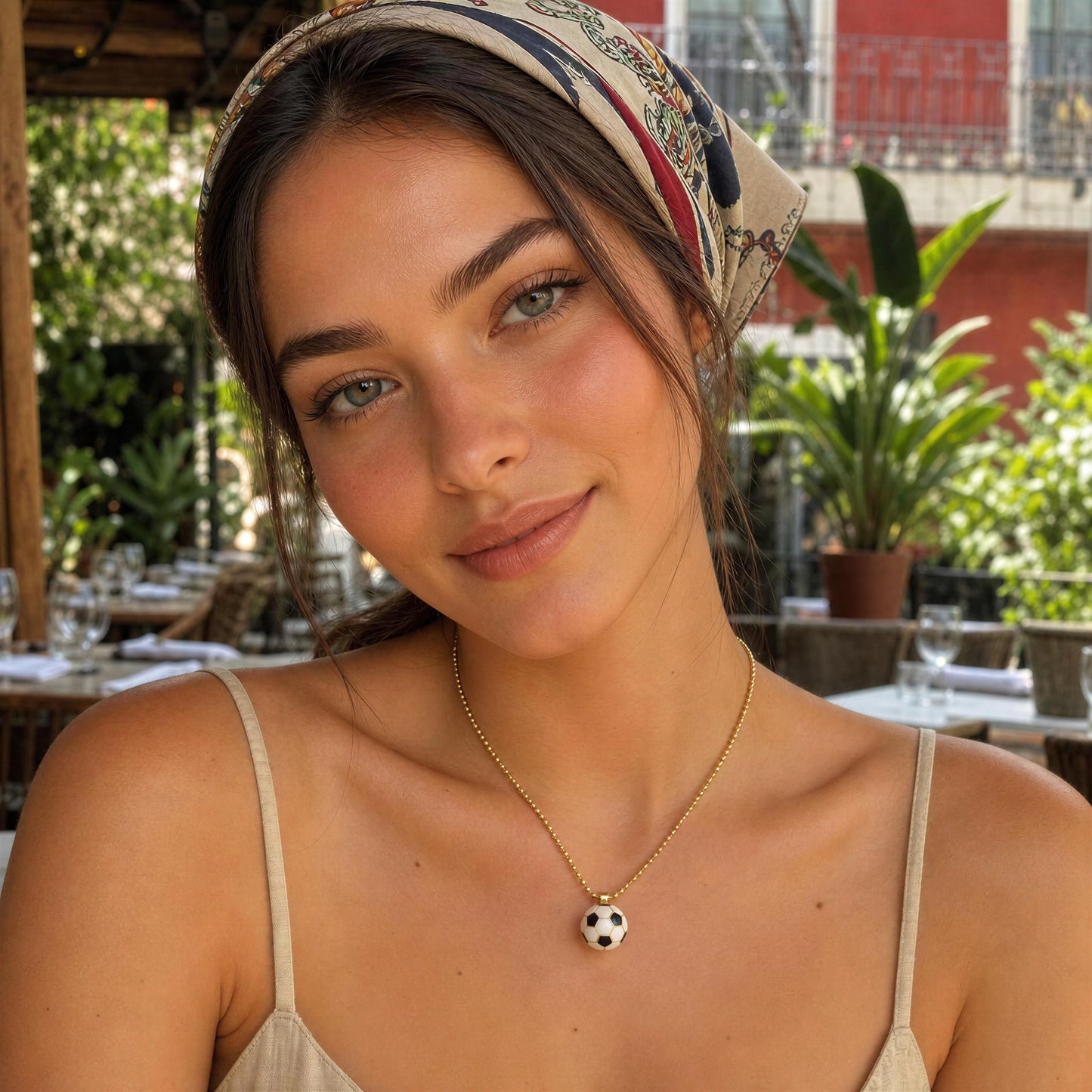 Woman wearing a headscarf and La Vittoria Charm Necklace in an outdoor setting
