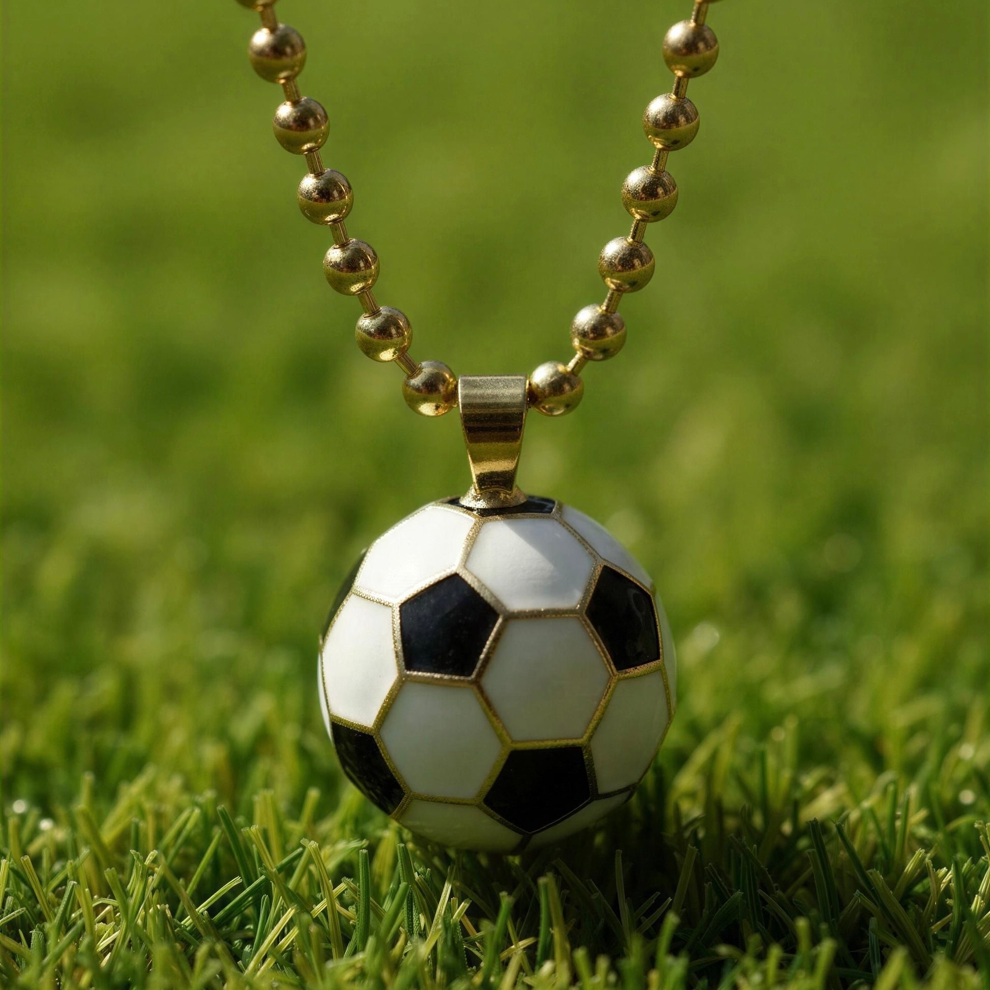 Soccer ball pendant on a chain lying on grass