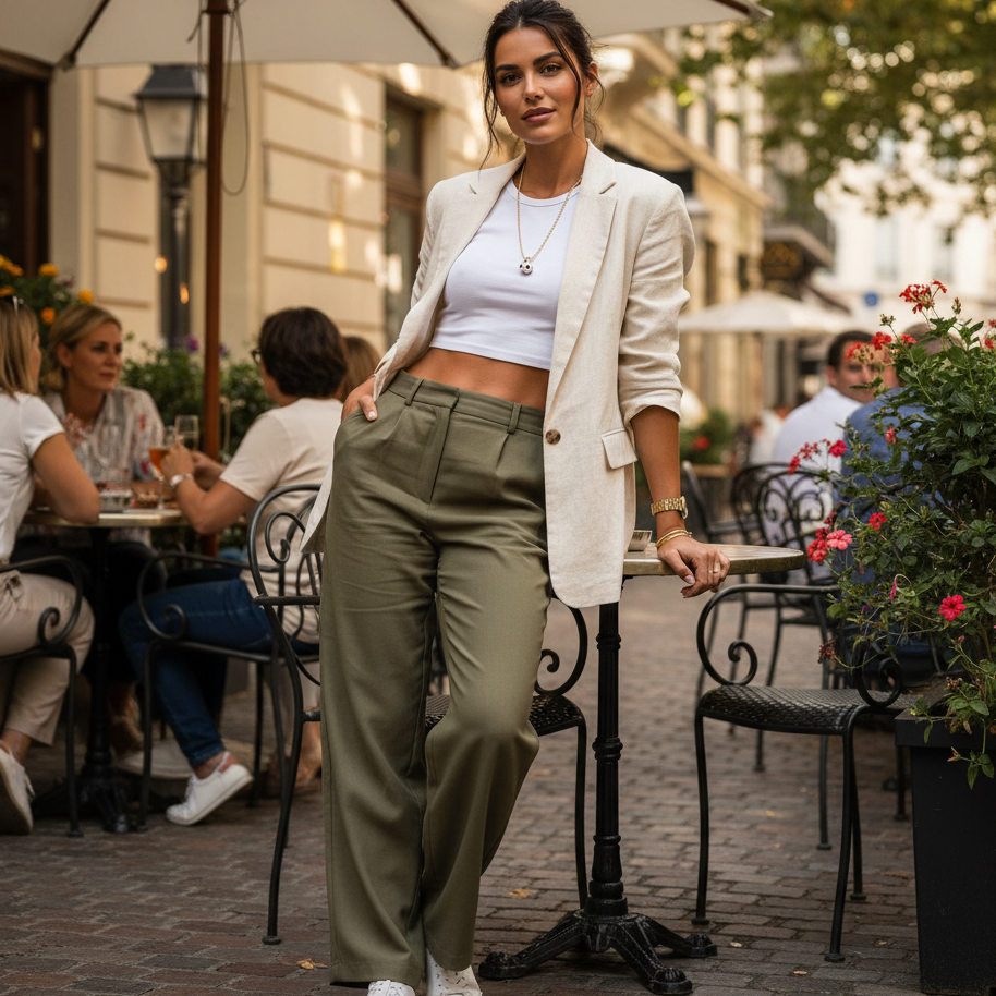 Full-body view of model styling a gold soccer ball charm necklace with a chic blazer and trousers at a European café