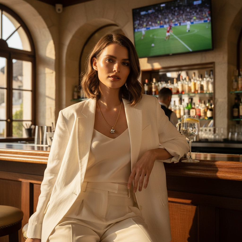 Model wearing a gold soccer ball charm necklace indoors at a European café bar with warm, elegant lighting