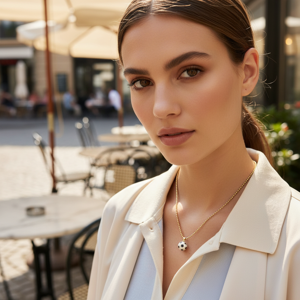 Close-up of model wearing a black and white enamel soccer ball charm necklace with a tailored blazer in a European city setting.