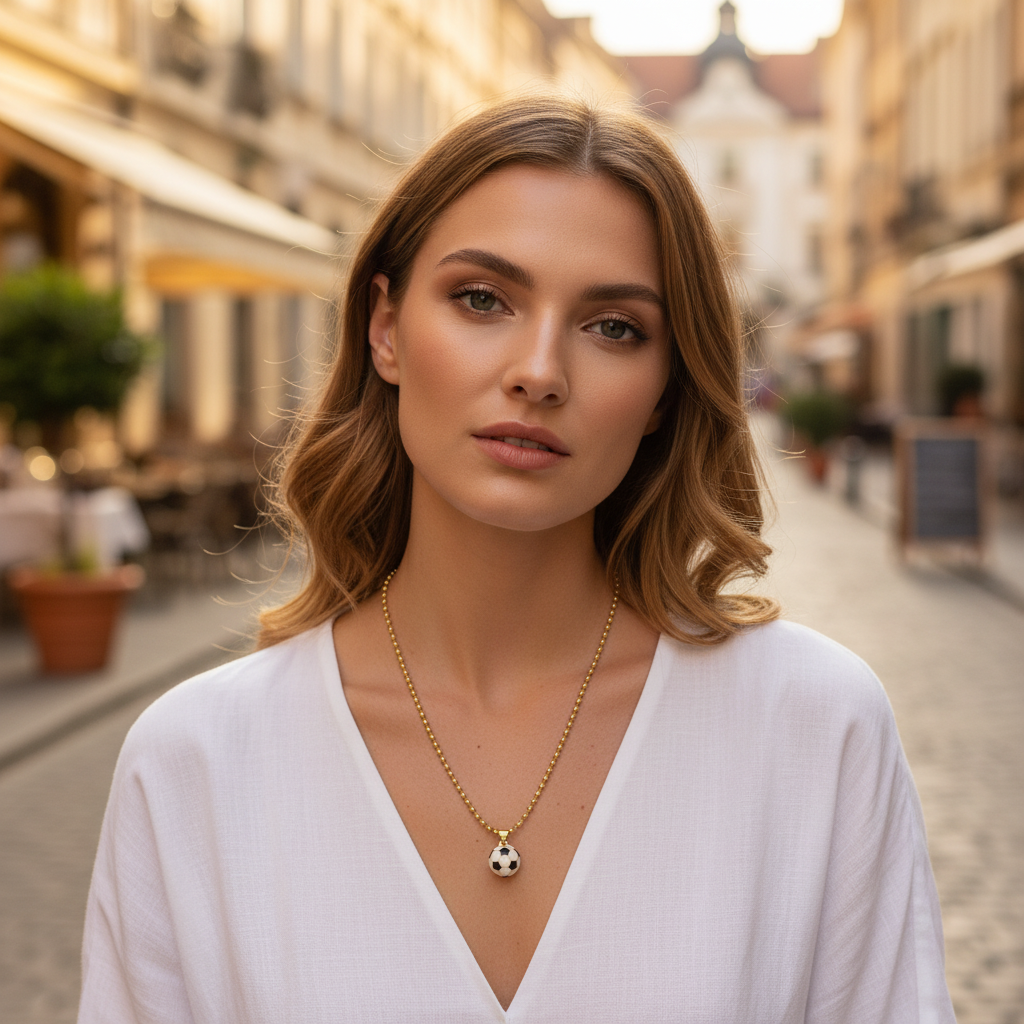 Model wearing an 18K gold-plated soccer ball charm necklace on a cobblestone European street