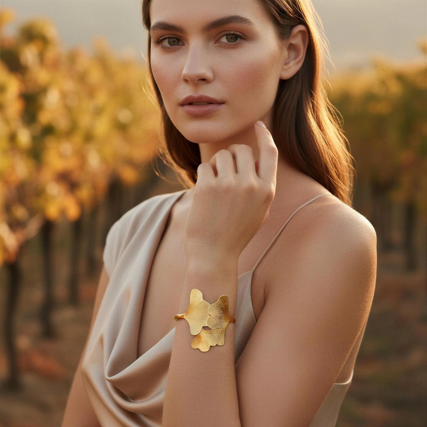 Woman wearing the Leaf of Eternity Cuff Bracelet from Chica Chica Jewelry in a  vineyard setting.