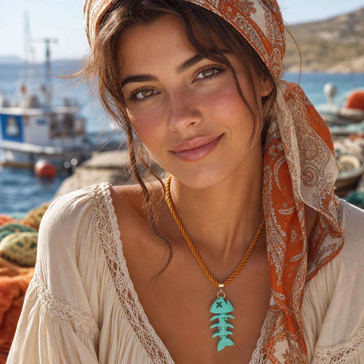 Woman wearing the Lisca fishbone necklace with a turquoise acrylic pendant on a braided golden-orange cord by the Mediterranean coast.