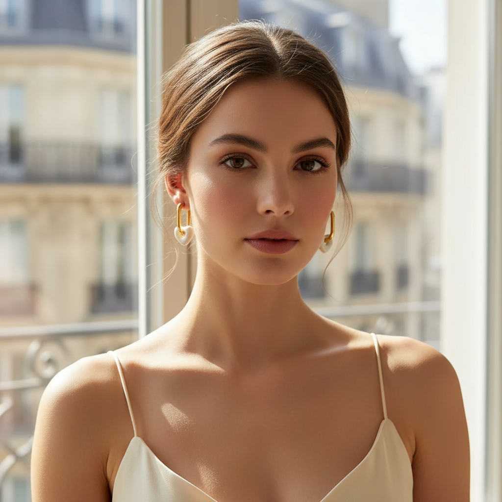 Woman wearing gold earrings in front of a window with blurred cityscape