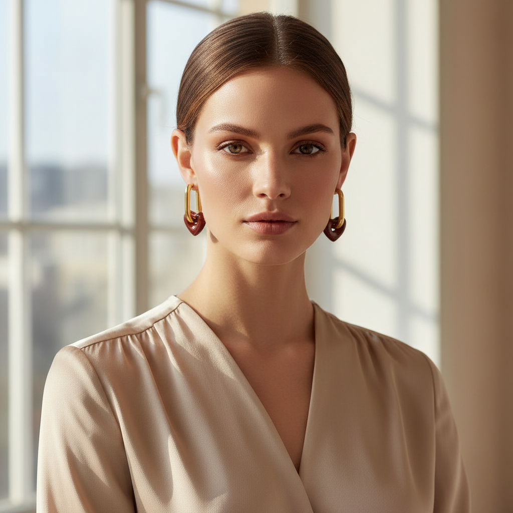 Woman wearing gold earrings in a softly lit room