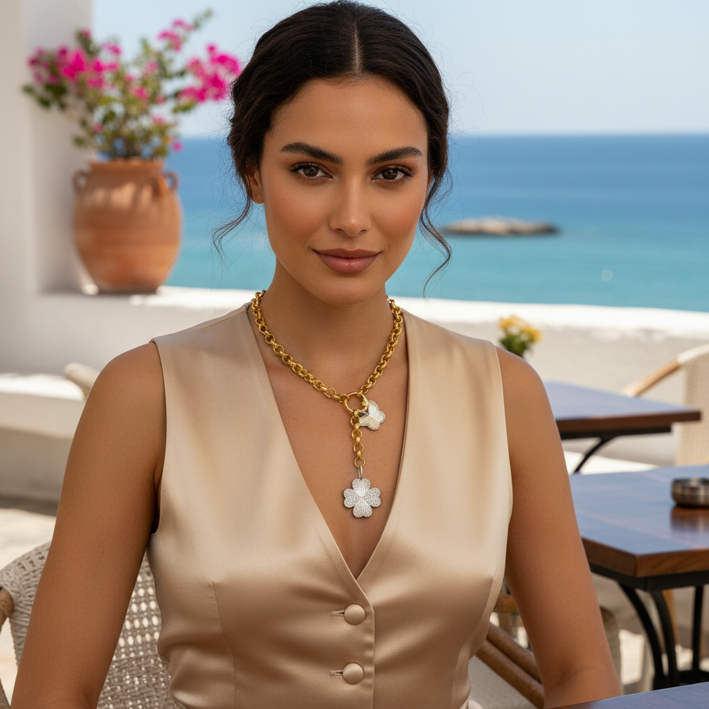 Woman wearing a beige sleeveless top with the  Lucky Flutter Slip-On necklace, sitting by a table with a scenic ocean view.