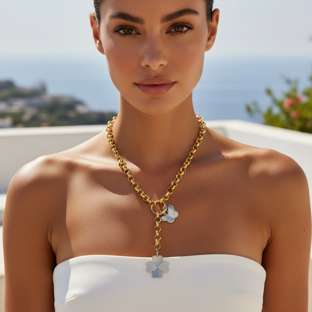Woman wearing a gold necklace with butterfly pendants against a scenic background
