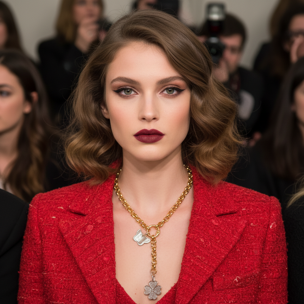 Woman in a red blazer with a gold necklace at an event