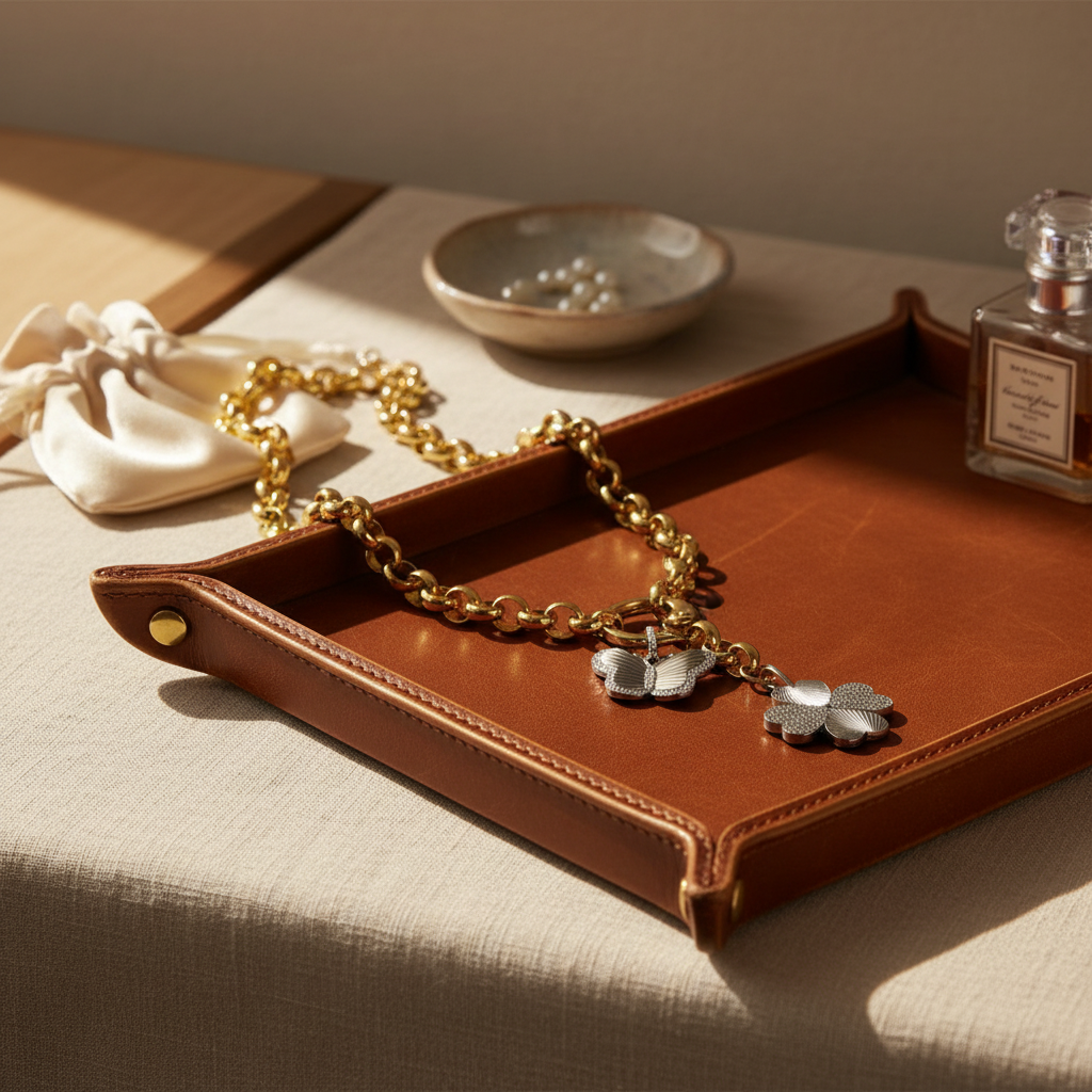 Brown leather tray with the Lucky Flutter Slip-On Necklace featuring clover charms on a beige surface.