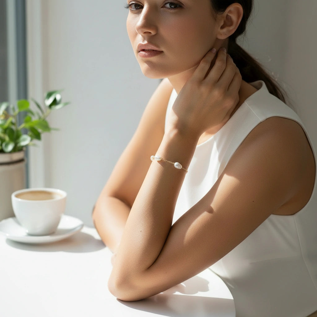 Woman sitting by a window with a cup of coffee, wearing the Lumière Pearl Bracelet from Chica Chica Jewelry