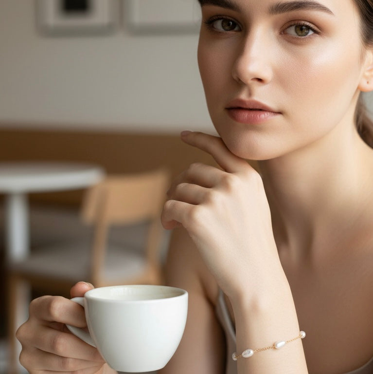 Woman holding a white mug with a blurred indoor background