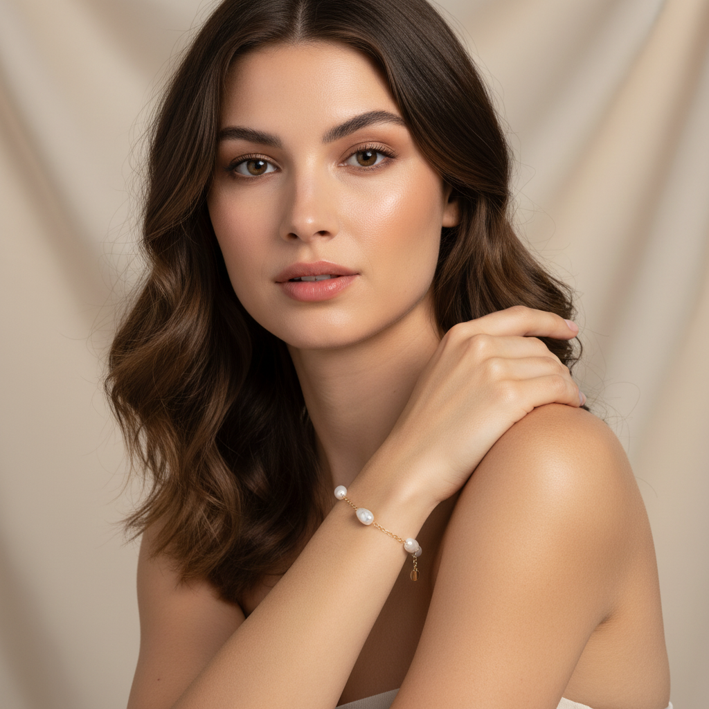 Woman wearing a delicate bracelet on a beige background
