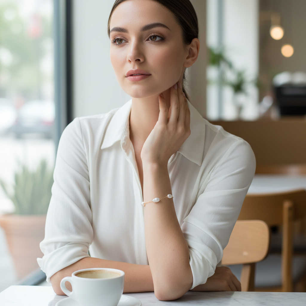 Woman sitting at a table with a cup of coffee, looking thoughtful.