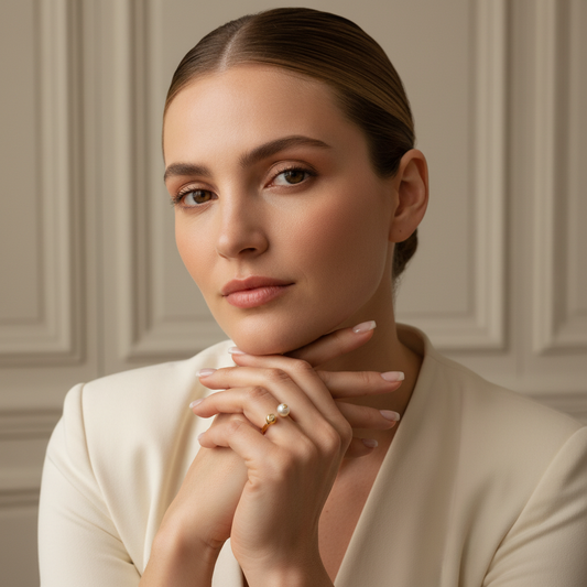 Woman wearing the Luna Pearl Open Ring with a neutral background