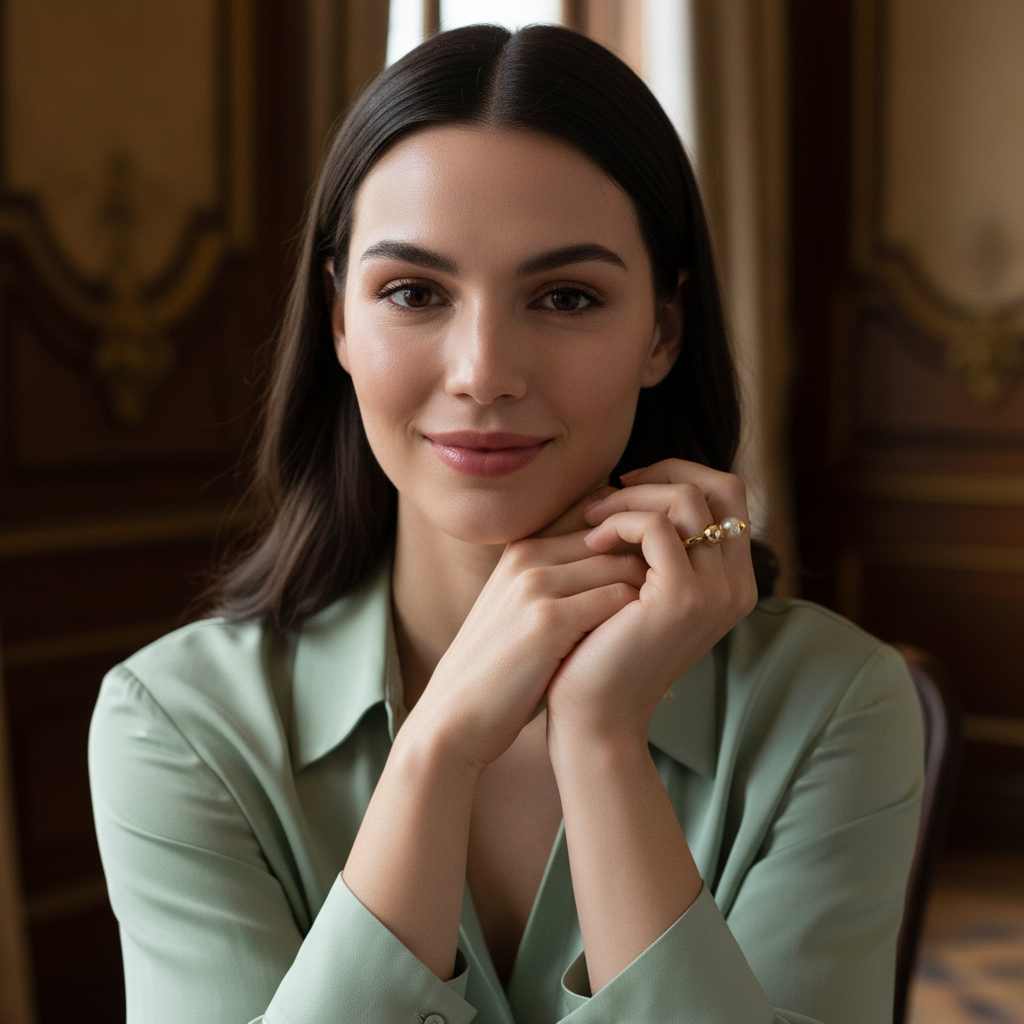 Woman in a light green blouse sitting indoors with a warm background