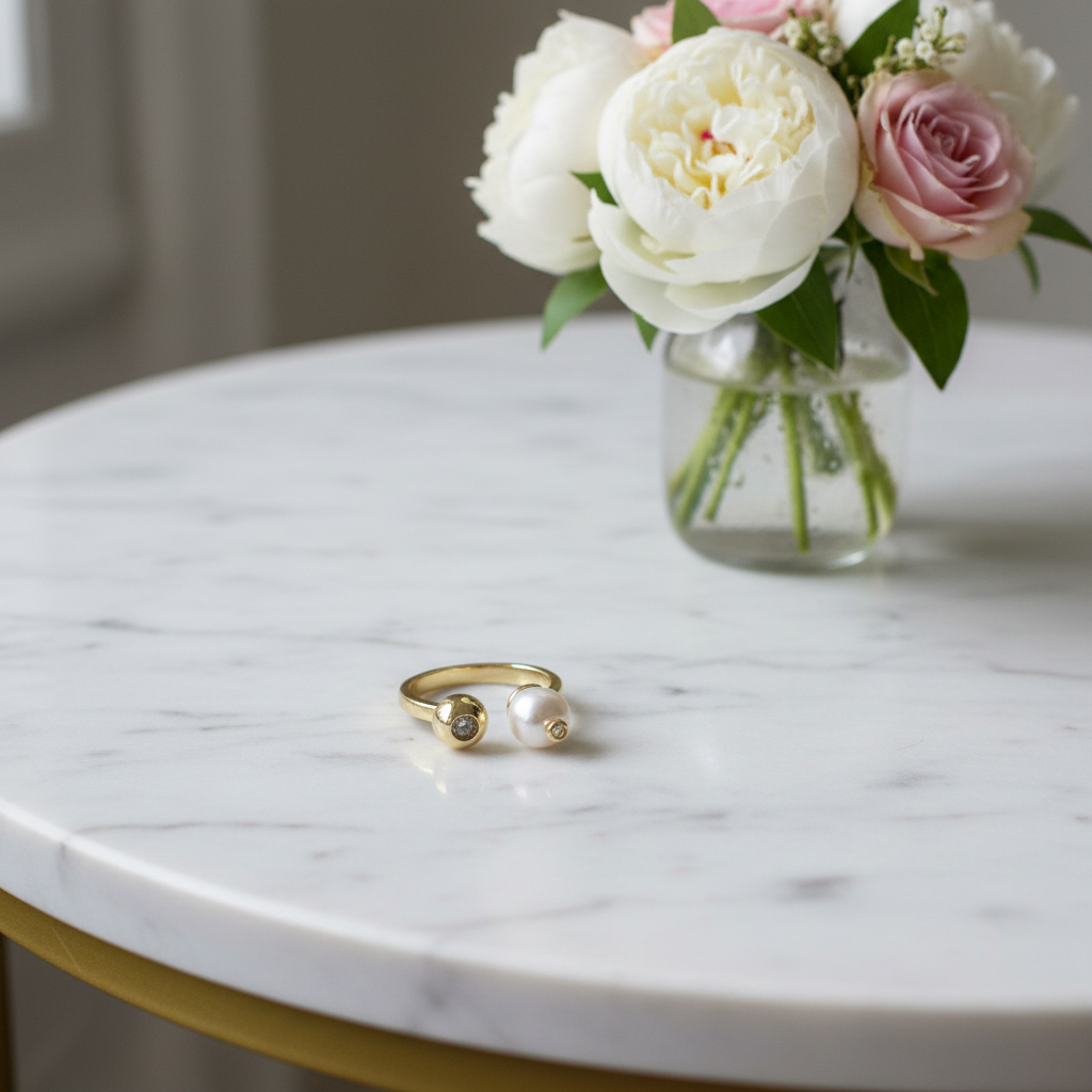 The Luna Pearl Open Ring on a marble table with a vase of flowers in the background