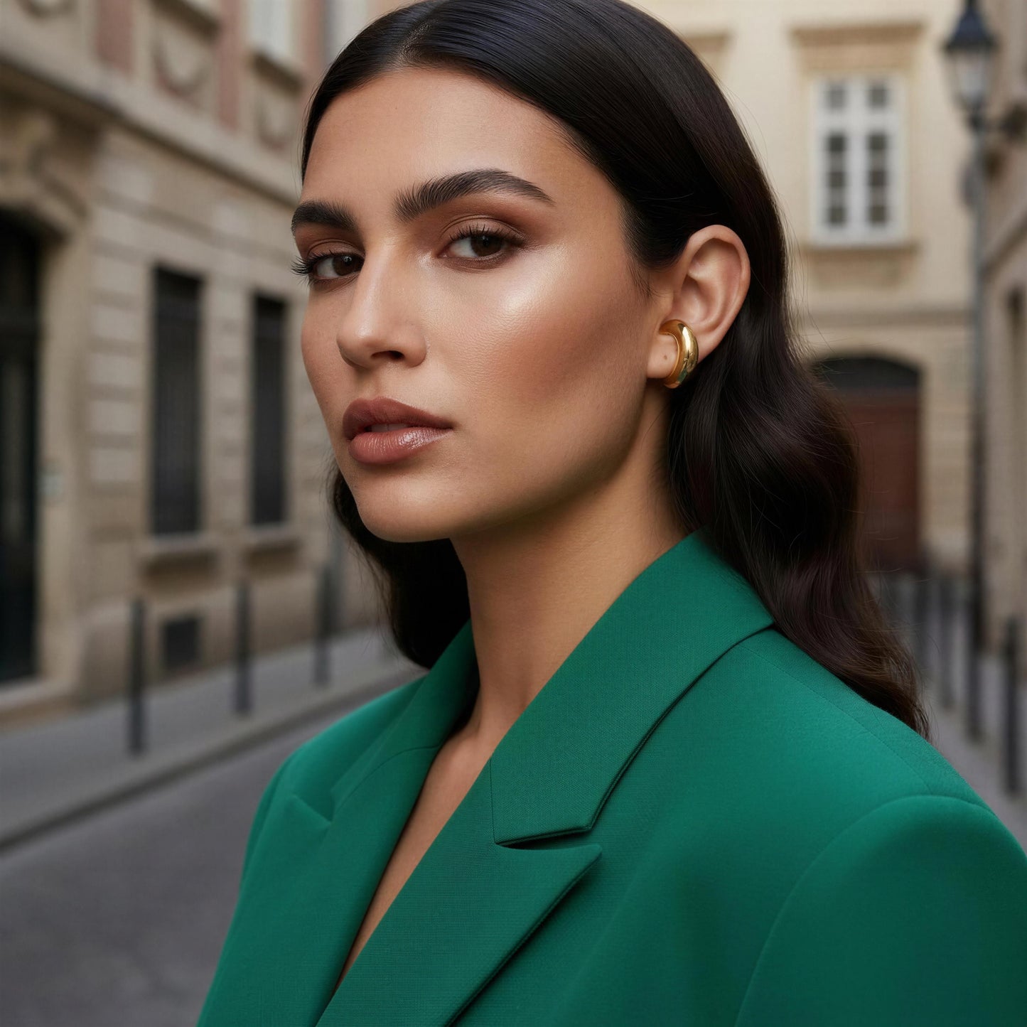 Woman in a green blazer standing on a city street wearing the Lunar Orbit Ear Cuff