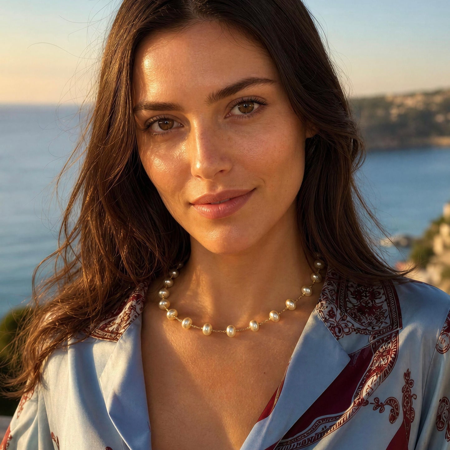 A woman with long brown hair wearing a pearl necklace and a light blue patterned top, photographed outdoors with the sea and coastline blurred in the background.