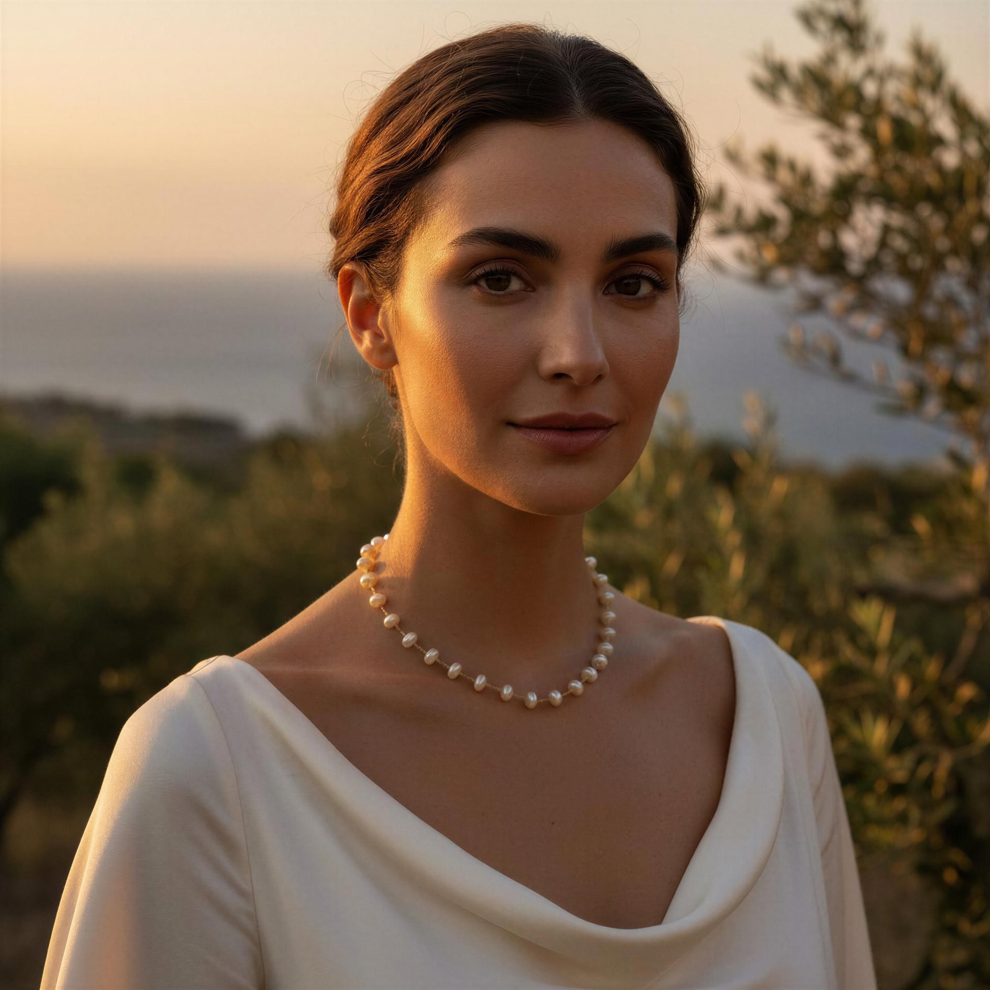 A woman wearing a classic white donut pearl necklace and a white draped top, photographed outdoors against a warm sunset background with soft-focus foliage.
